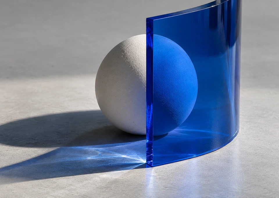 Esfera branca parcialmente vista através de uma placa curva de acrílico azul, com luz e sombras sobre fundo cinza.