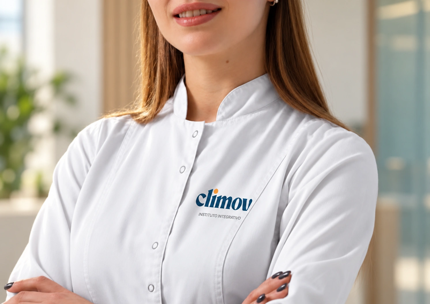 Aplicação da marca Climov em jaleco.