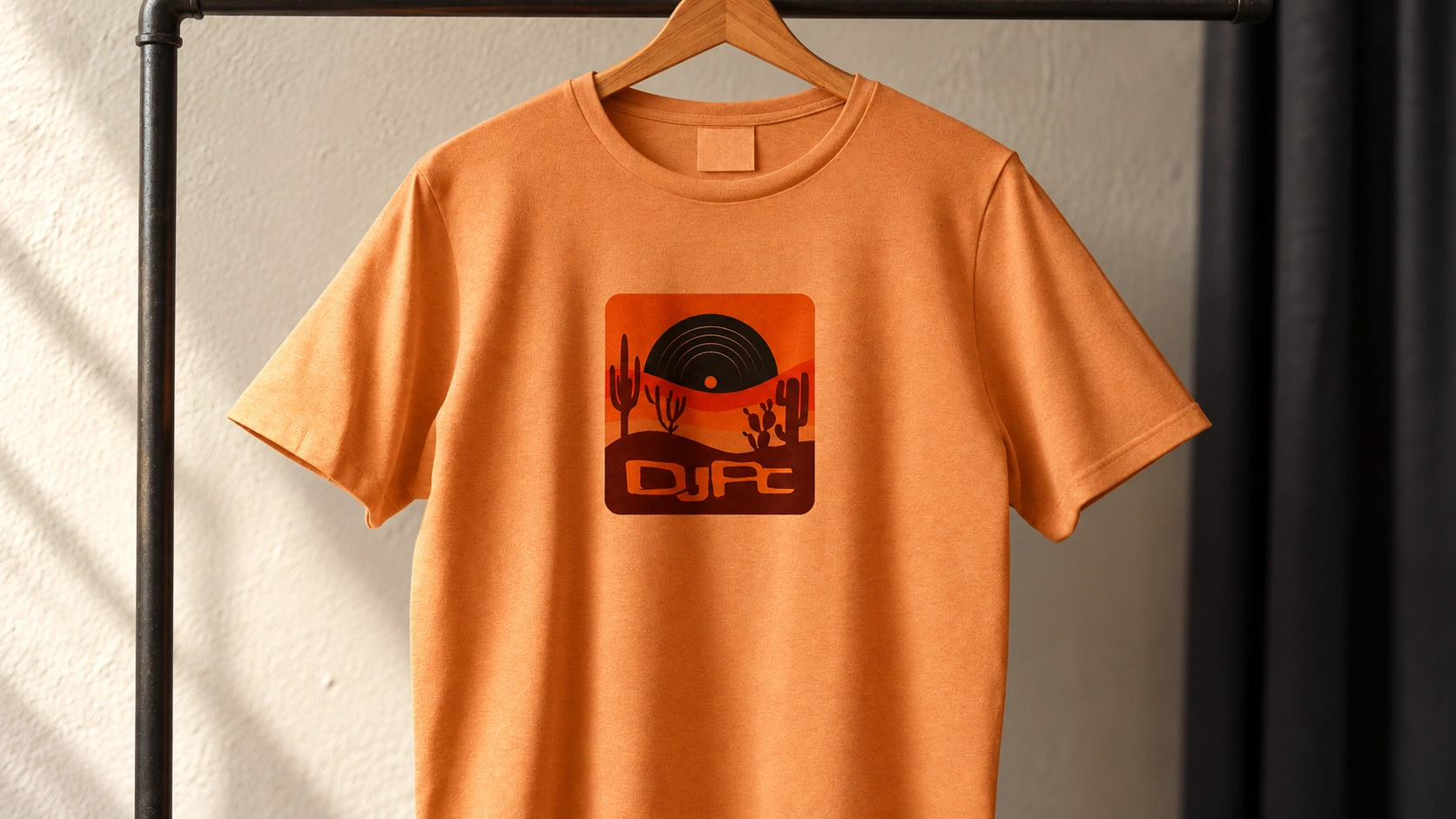 Camiseta laranja com a identidade DJ PC.